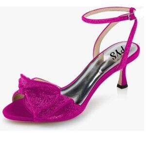 FYS Fuchsia Rhinestones Bow Peep Toe High Heel Ankle Strap Sandals Satin Shoes